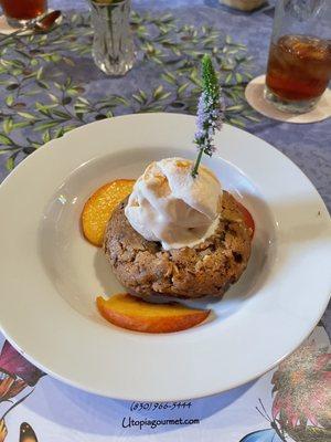 Heath bar almond cookie, peaches and ice cream!