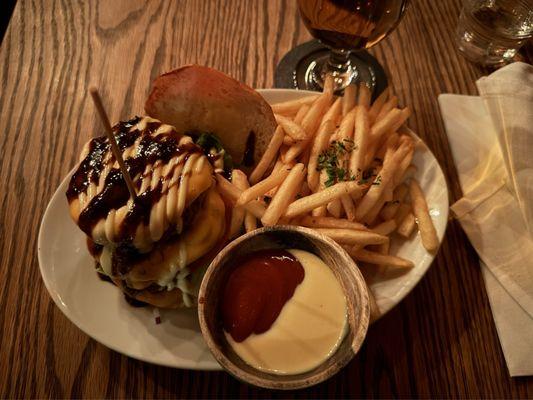 Double patty wagyu-blend burger and fries, $21.