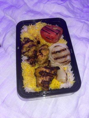 This is the Chicken Kabob???? Three pieces and asked for fries not rice.