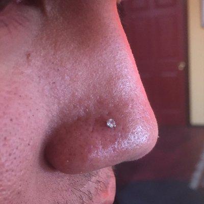 Nose piercing with pliable gem stud shaped to the nostril