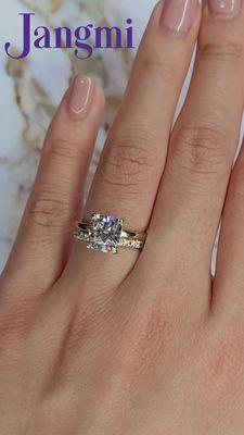 2.5ct Cushion cut set on Love Fancy Hidden Halo setting in Two Tone Yellow Gold + Platinum