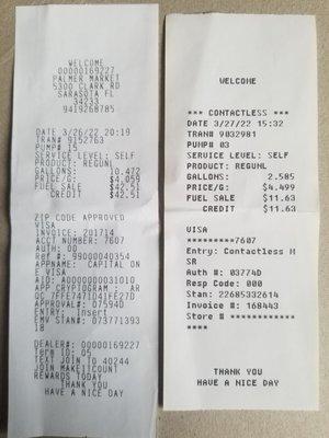 Receipts showing dates, fill and then topping off at station closest to airport.