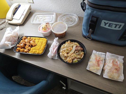 Far left - bag o crab rangoon, General Tsah Chicken, Chicken Chow Mein.