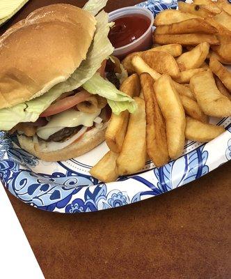 Bacon cheeseburger with fries