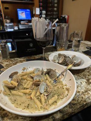 Seriously, this is my go to. Linguine with clam sauce only it's gluten-free so it's clam sauce with gluten-free noodles. Amazing!