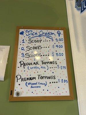 Ice cream menu