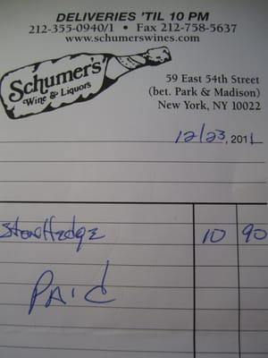 Hand written sales receipt for Stonehedge 2008 California Cabernet Sauvignon at $10.90