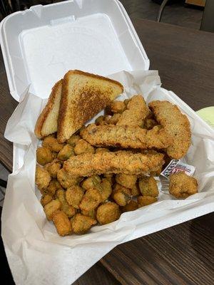 Steak finger dinner with fried okra! So hot and fresh and way too much food! good