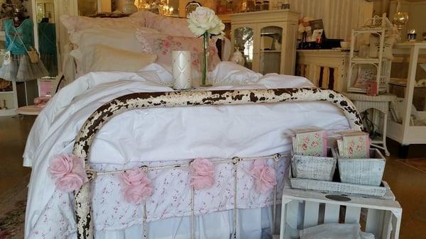 Antique iron bed, shabby chic, inside Ruffles n Raspberries