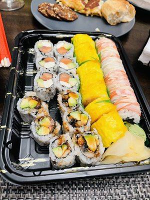 Left to right --- Philly Roll --- Eel Avocado Roll ---- Mango Lobster Roll --- Yummy Crab Roll ----