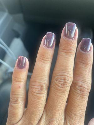 Right after manicure. Gaps visible between cuticle and dip, faint dip color on pinky.