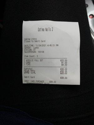 My receipt for a gel refill