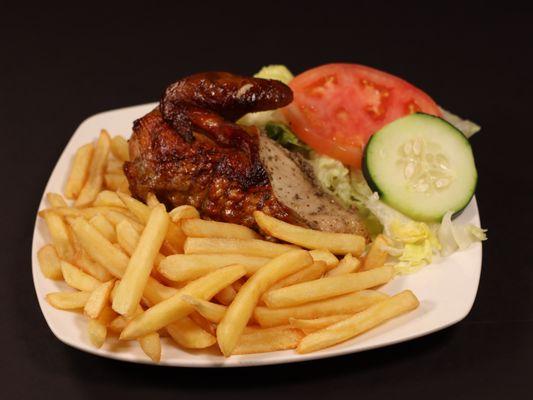 Quarter chicken with fries or rice, and fresh salad.