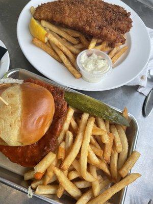 Buffalo chicken sandwich and fish and chips