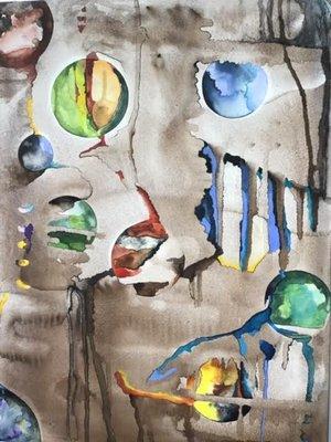 "Melting Moons" 16 x 24 Watercolor on Aquabord Cat Mahin