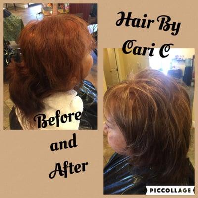 Hair By Cari C before and after color correction with highlight and changing the red to a brown