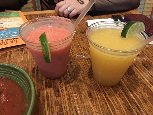 Mix the strawberry and mango frozen margaritas! Soo good! $10 for 2 margaritas!