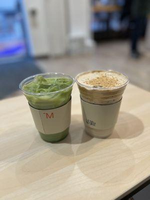 matcha latte (L) enjoyme latte (R)