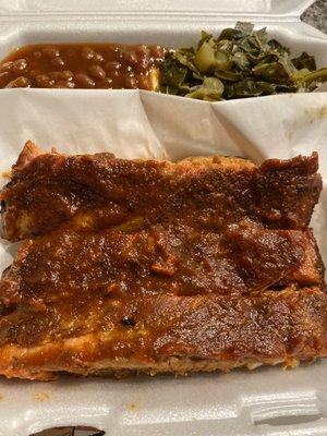 Tomato sauce ribs, horrible unseasoned greens, and bush's baked beans