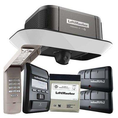 LiftMaster new silent belt driven opener. Comes with 2 remotes, 1 outside keypad, 1 battery back up in case loss of power. Built in camera