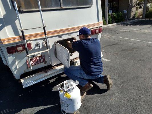 Robert making the first hose to replace copper propane hose.