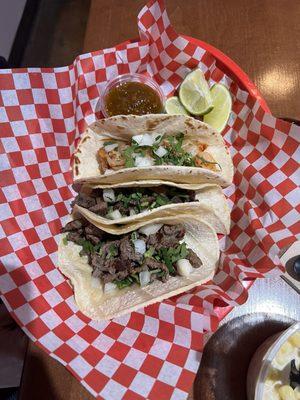 Bottom to top: Asada (corn), Lengua (corn), Shrimp (flour)