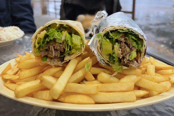 Lamb Shawarma Wrap w/ lettuce, tomatoes, parsley, onions, tahini, lavash | $10.99 (+$4.99 fries)