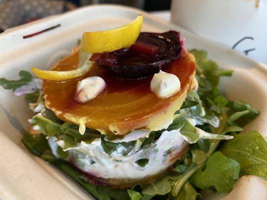 Beet and goat cheese Napoleon with arugula