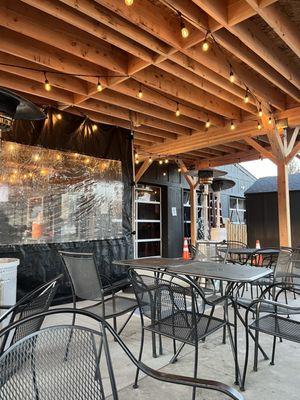 Outdoor covered area, the no tv side. Plenty of space heaters and room for groups!