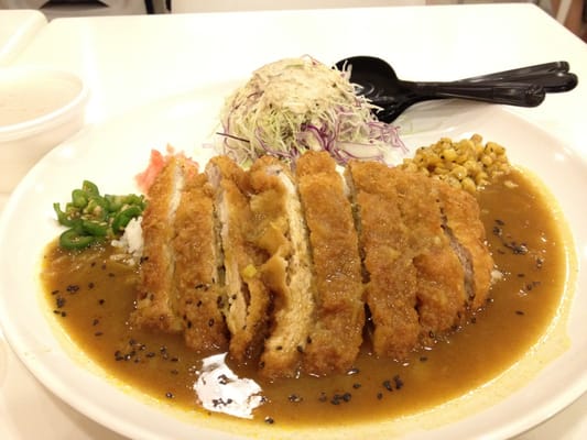 Pork cutlet with curry sauce over rice.