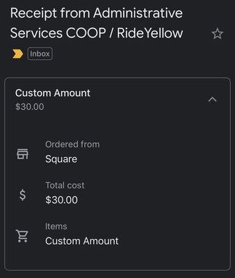 Emailed receipt for "Custom Fare Amount". Never again.