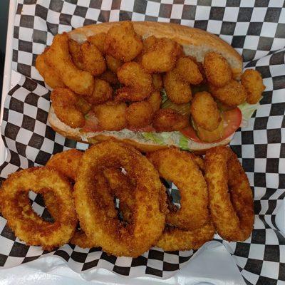 Shrimp po-boy with onion rings