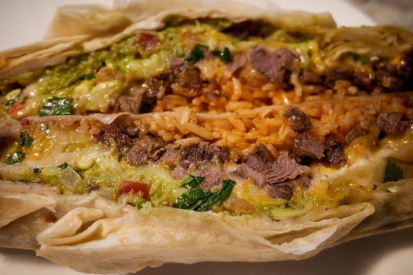 Lengua burrito bisected longitudinally (you eat your burrito your way, I'll eat it my way)