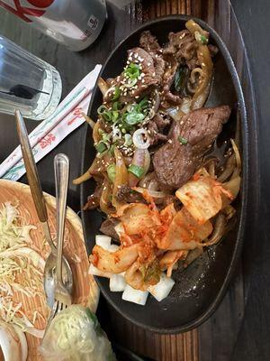 Bulgogi with Kimchi and pickled radish.