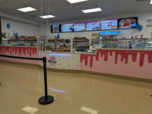 Counter space with ice cream topping area (center), paletas (left), and ice cream (right)