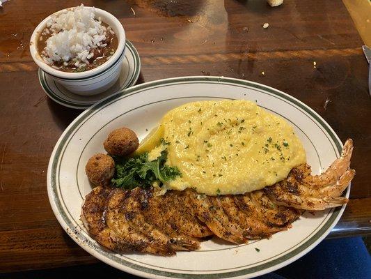 Shrimp and grits and red beans and rice. all delish