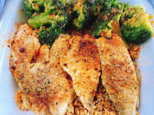 Steamed Tilapia & Broccoli, over a bed of perfectly seasoned Cajun rice!!!