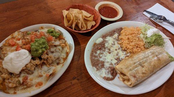 Nachoes, chimichanga, and free chips