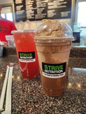 The Caramel Latte Fuller Longer Shake poured over warm High Protein Mocha Iced Coffee 'Lava' Style with a Strawberry Watermelon MEGA LIT Tea