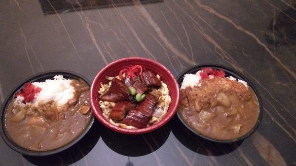 Japanese curry with chicken, eel, and Japanese curry with deep-fried pork