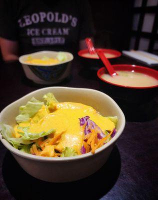 Fresh salad with ginger dressing Miso soup