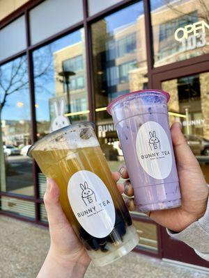 Lychee Fruit Tea w/Boba & Lychee Jelly Taro Milk Tea w/Lychee Jelly