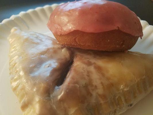 Indulge!! Cake donut with glaze ...and an amazing blueberry turnover!! YUMMY!!