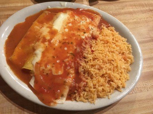 22. Enchilada and bean burrito with rice. On the menu