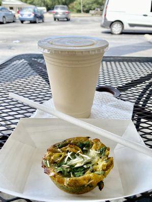 Chocomuss Shake w a shot of espresso $9 Yum! Mini artichoke quiche $4 Card board straw