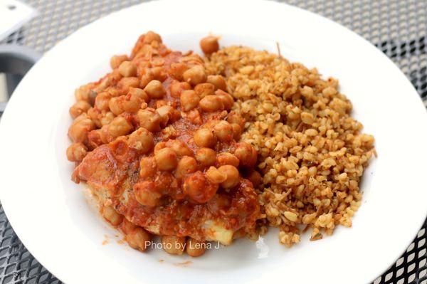 Chicken with chickpeas ($17.95) with bulgur pilaf. Great!