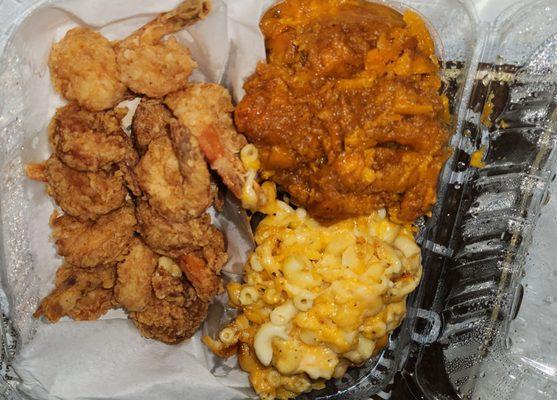 Fried Shrimp with Mac and Cheese and Yams