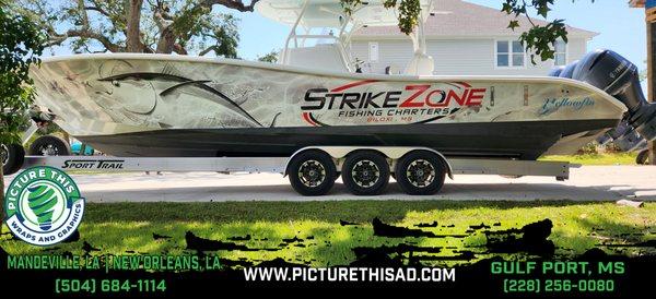 36' Yellowfin full coverage custom boat wrap for Strike Zone Charters of MS.