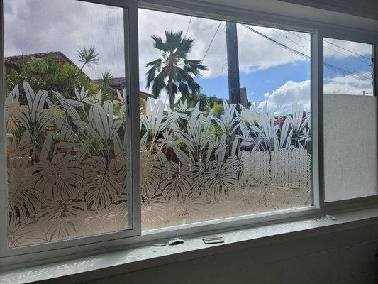 Monstera with birds of paradise graphics. The left window I installed True Vue 30 over the image.