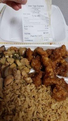 My 2-item plate $4.99 with general tso chicken, vegetable something chicken and fried rice.